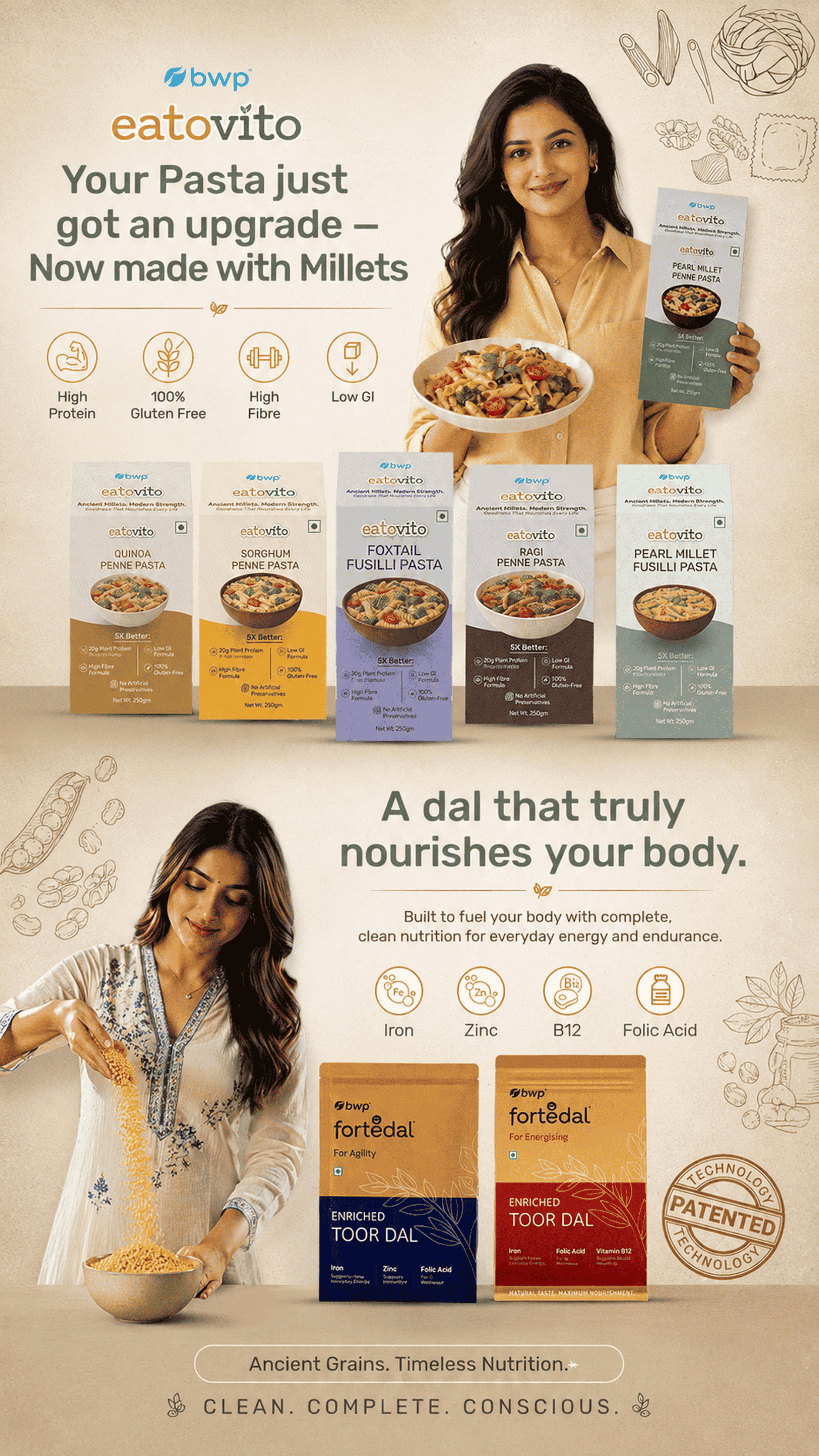 BWP Eatovito Millet Fusilli Pasta range and ForteDal Enriched Toor Dal - Wholesome Everyday Nutrition